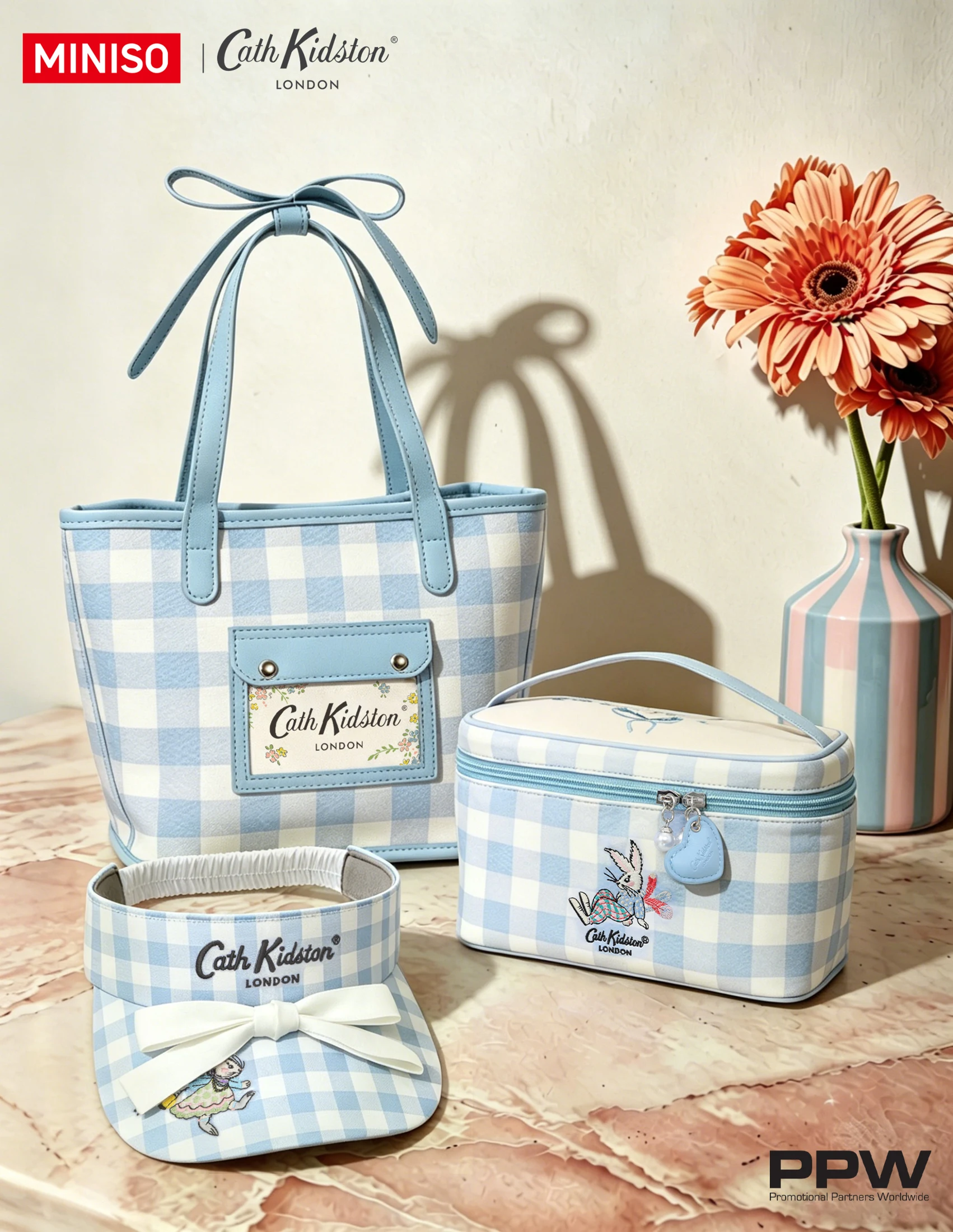 MINISO and Cath Kidston blue gingham tote, vanity case and visor