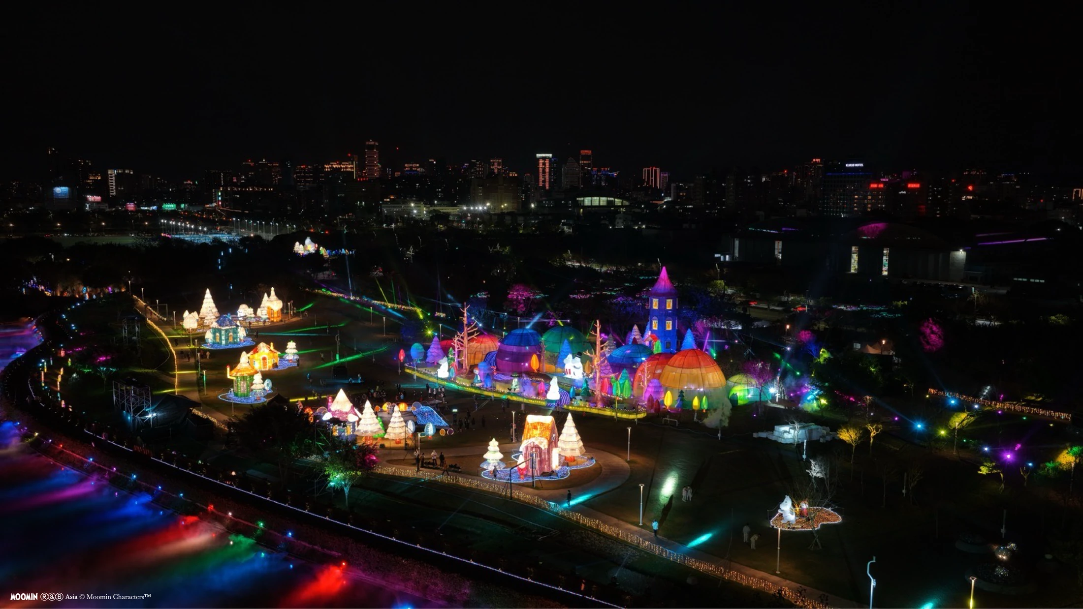 An illuminated Moomin festival landscape in Taichung Central Park