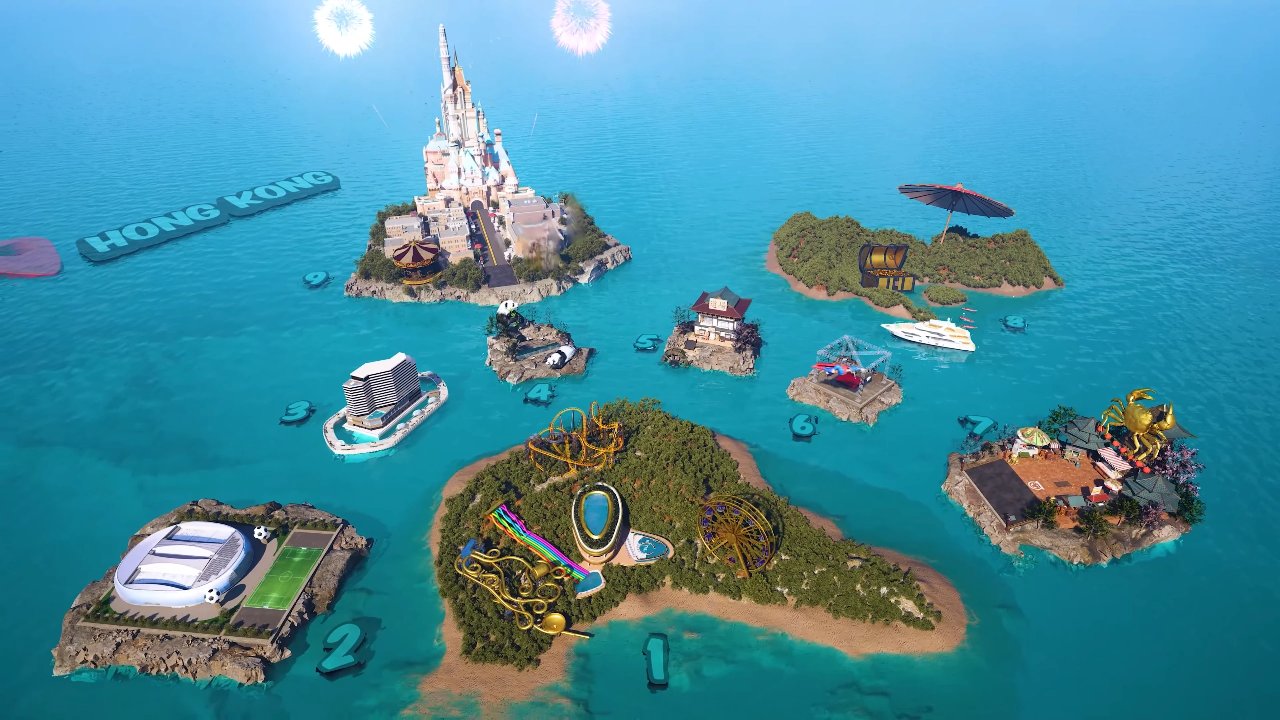 Illustrated Hong Kong attraction islands from the Stokes Twins video