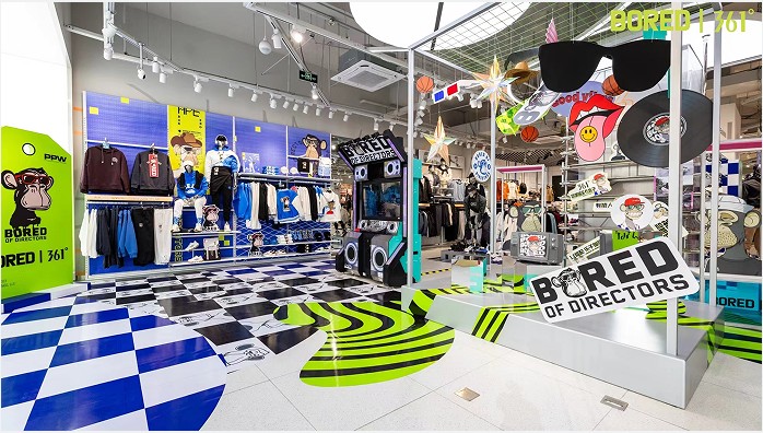 Bored of Directors character displays and checkerboard floor inside the 361° pop-up