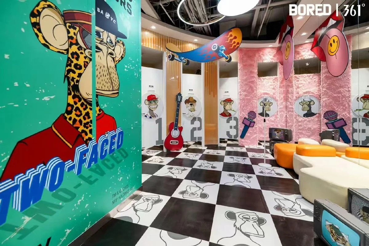 Bored of Directors artwork across a 361° retail interior and spiral staircase