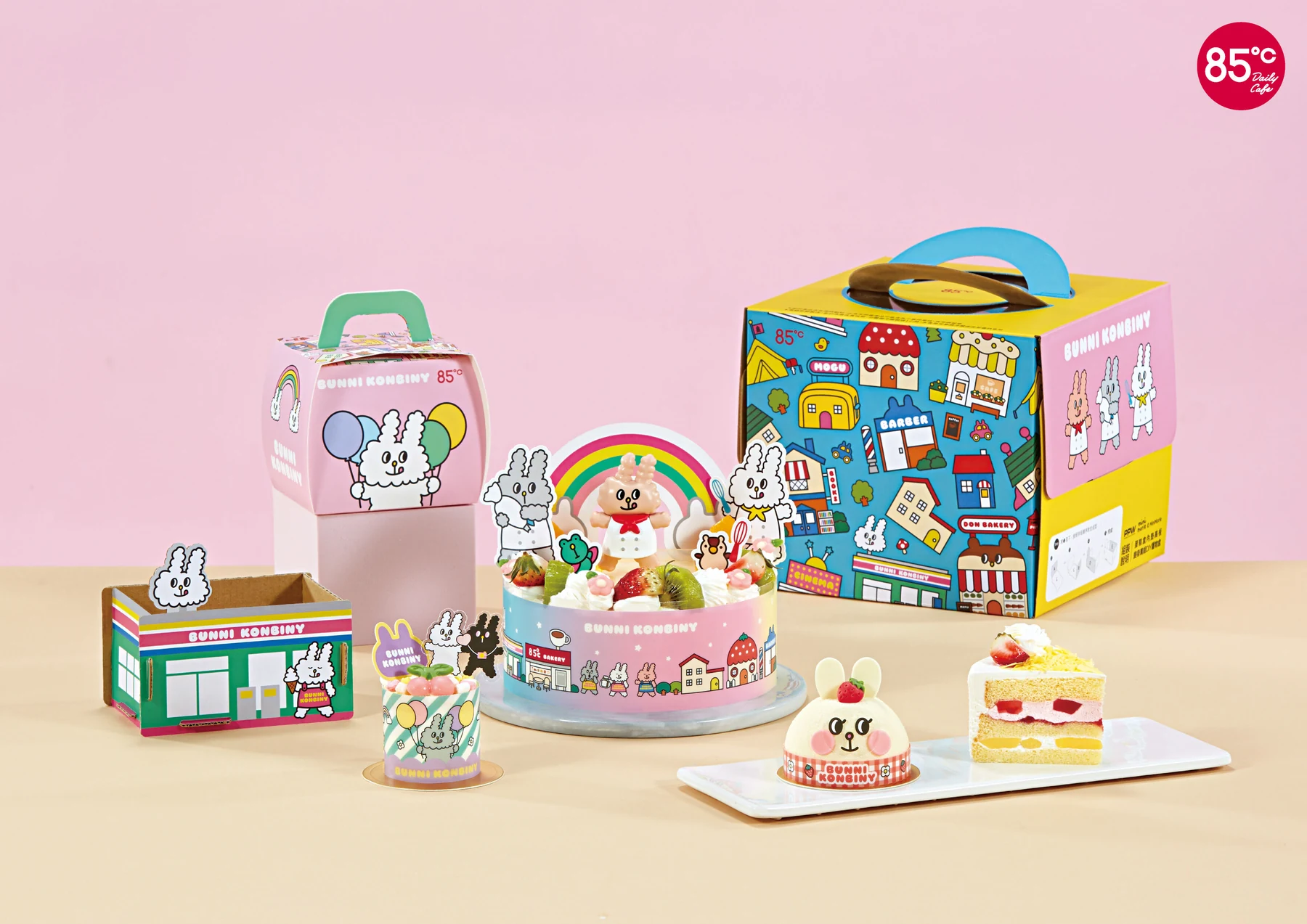 Bunni Konbiny cakes, drinks and gift packaging for 85°C
